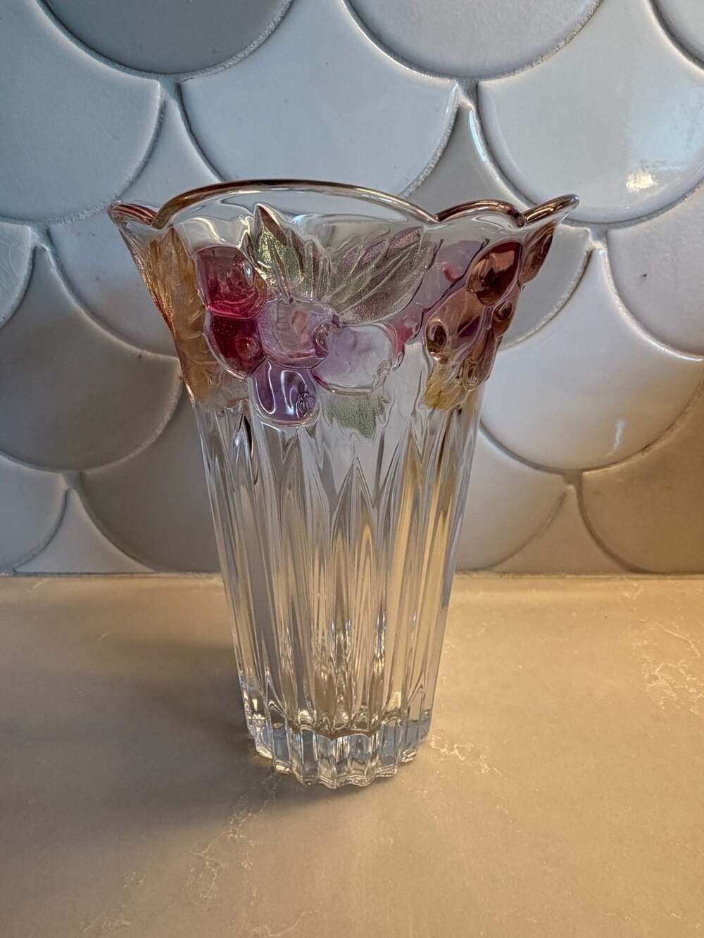 Mikasa Savoir Vivre Crystal Vase with Tinted Fruit and Leaf Pattern